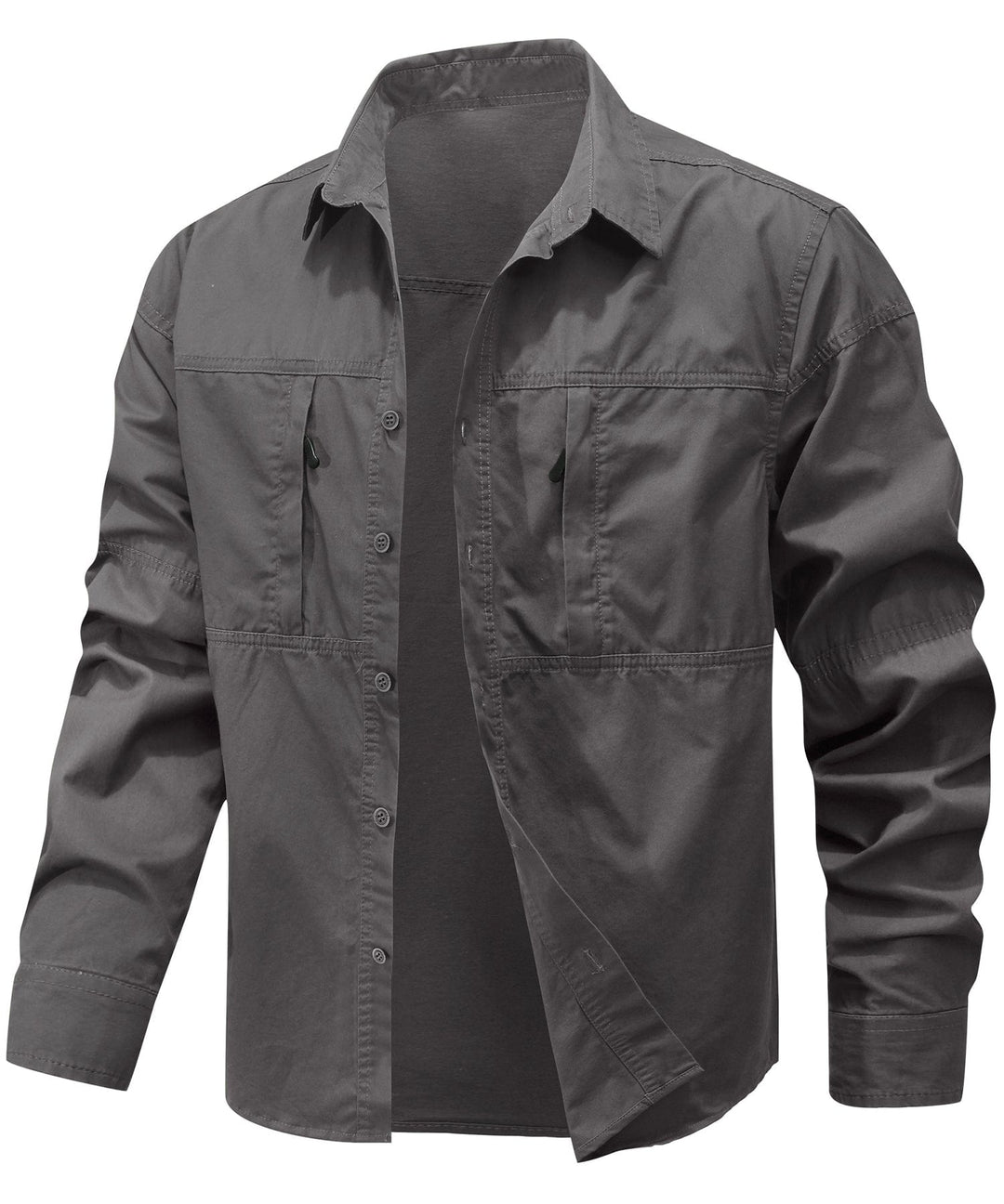 Detail of the collar and buttons on the Men's Premium Cotton Terrain Trek Shirt, quality apparel.