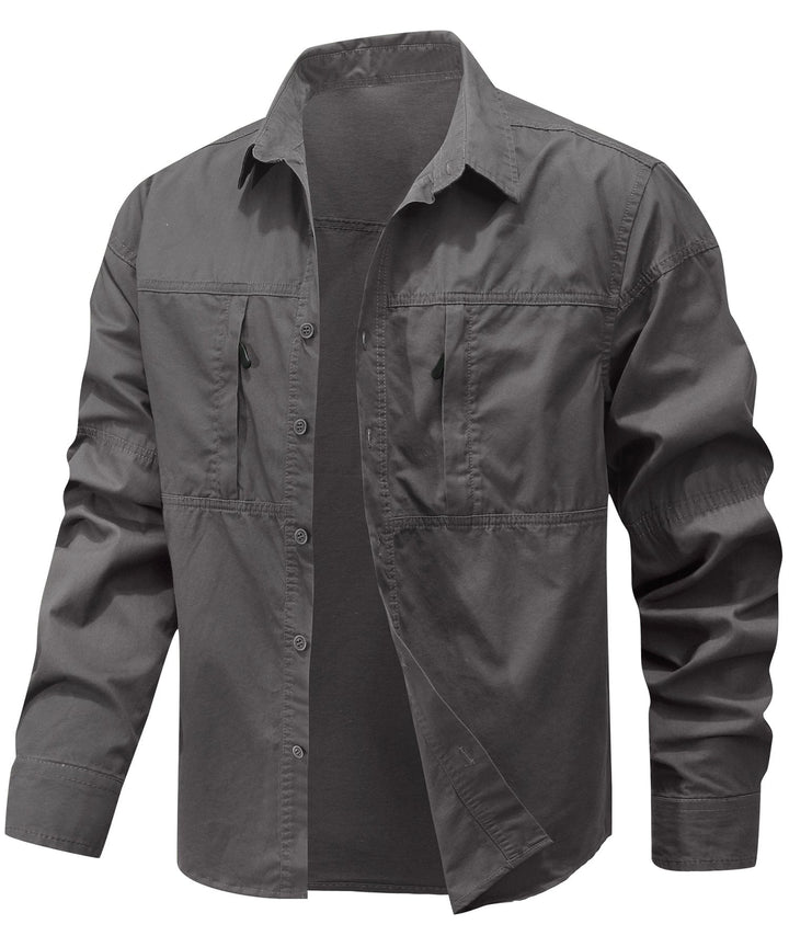Detail of the collar and buttons on the Men's Premium Cotton Terrain Trek Shirt, quality apparel.