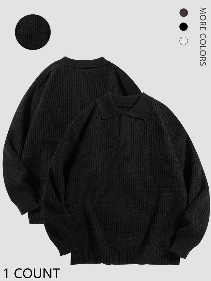 Men's premium knit polo sweater, textured cotton blend, long sleeve, casual classic style.