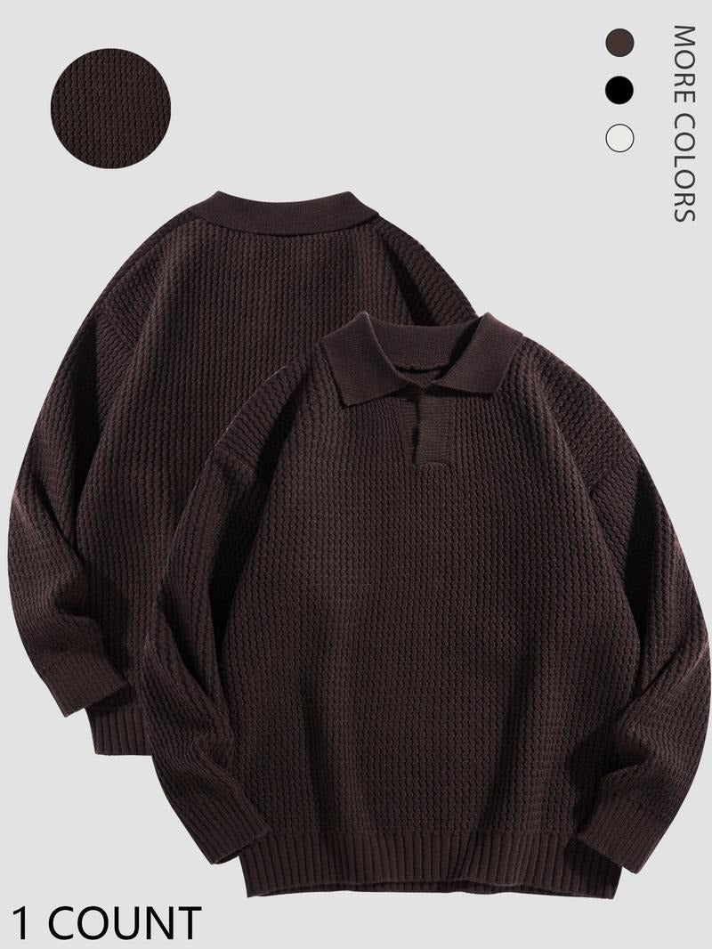 Classic men's knit polo sweater with waffle weave texture, ideal for winter fashion.