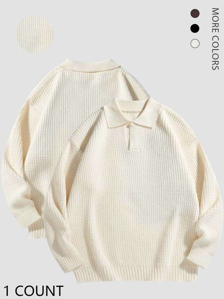 Khaki men's long sleeve knit polo sweater, comfortable cotton blend, perfect for casual wear.