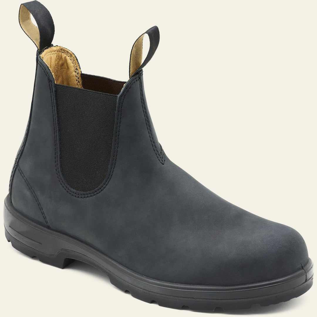 Classic black leather Chelsea boots for men, featuring a comfortable slip-on design and sturdy pull tab.