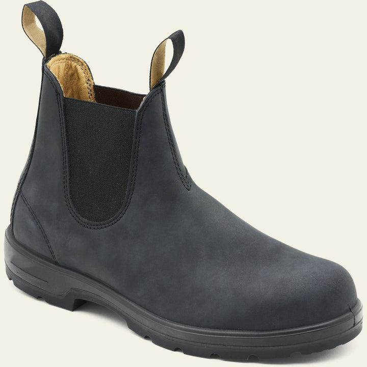 Classic black leather Chelsea boots for men, featuring a comfortable slip-on design and sturdy pull tab.