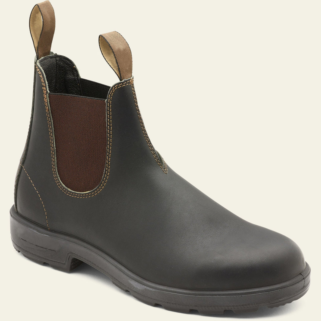 Close-up of a men's premium leather Chelsea boot, highlighting the quality craftsmanship and pull tab detail.