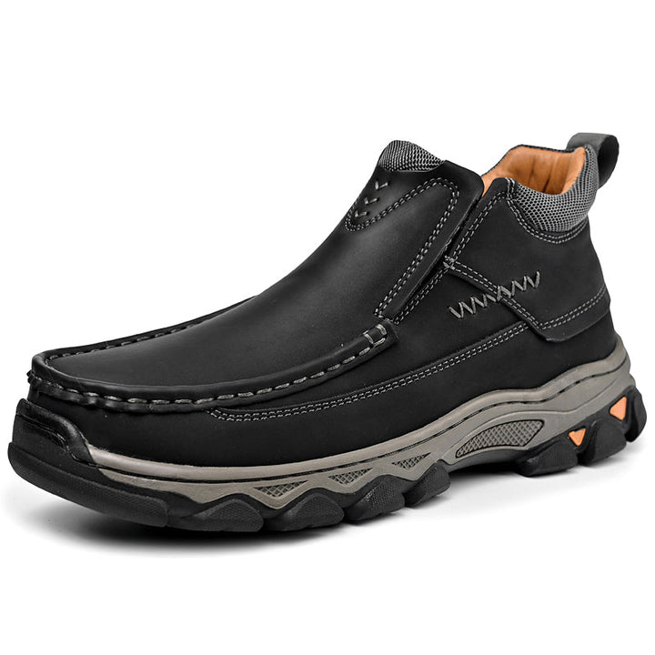 Side view of men's outdoor walking slip-ons, premium tan leather, ergonomic design for comfort