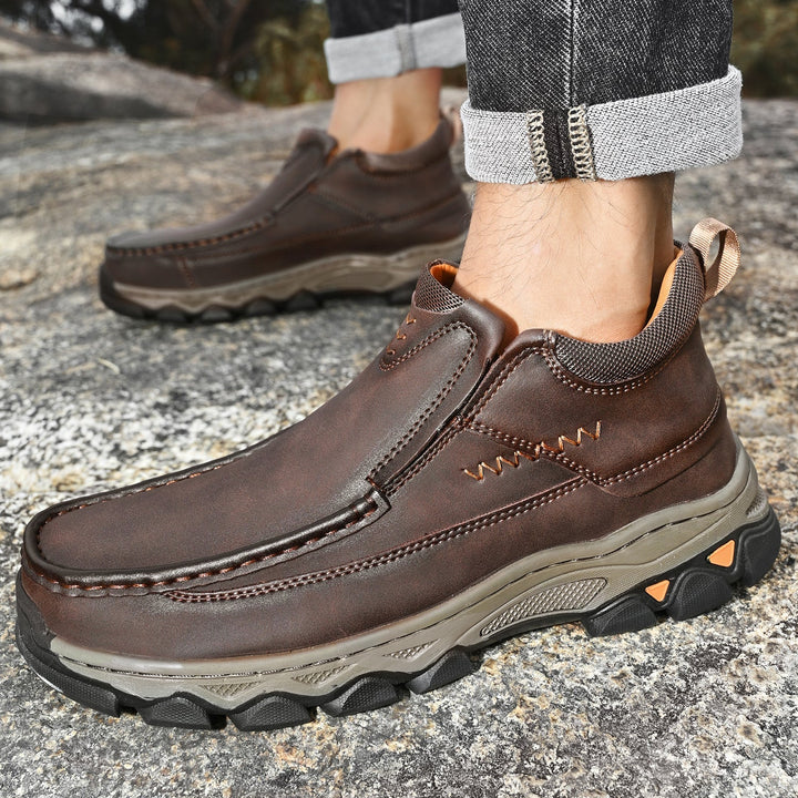 Premium quality men's slip-on leather shoes, black, designed for walking and everyday casual comfort