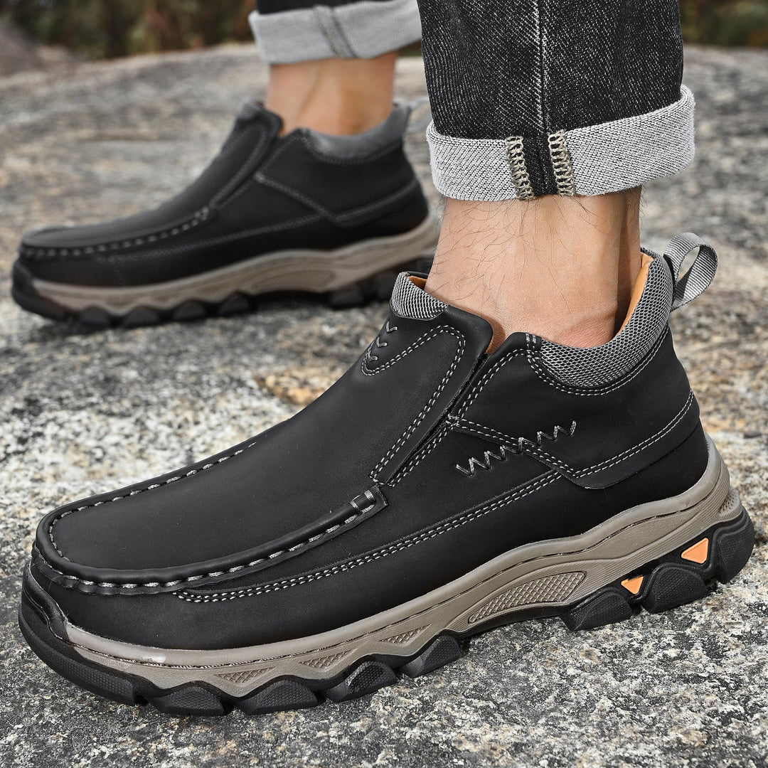 Men's versatile leather slip-ons, dark blue, perfect for walking and casual comfort, orthopedic features