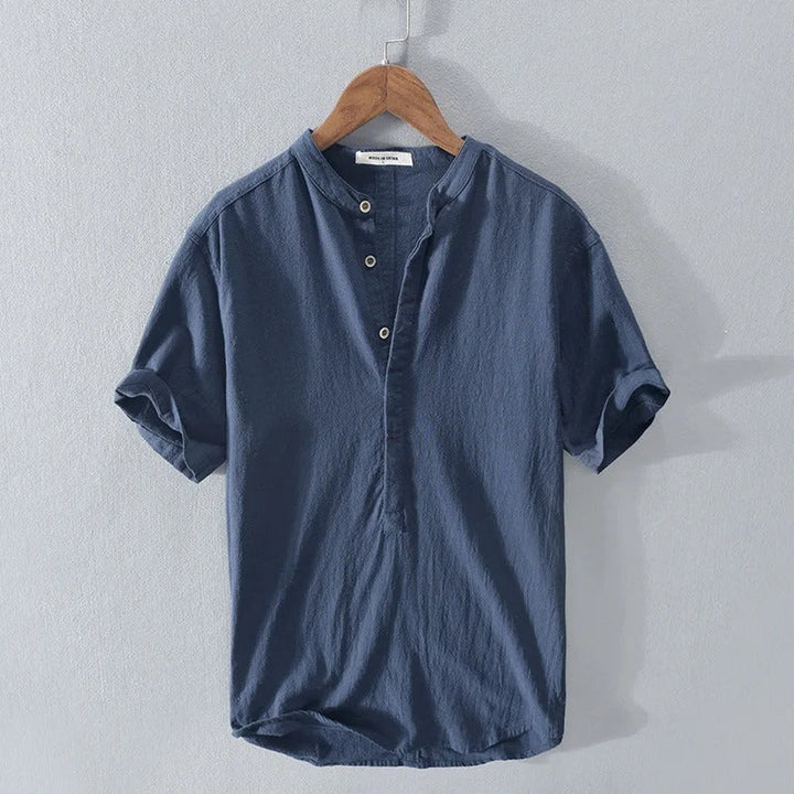 Casual men's short sleeve linen blend shirt in white, offering comfort and style for summer.