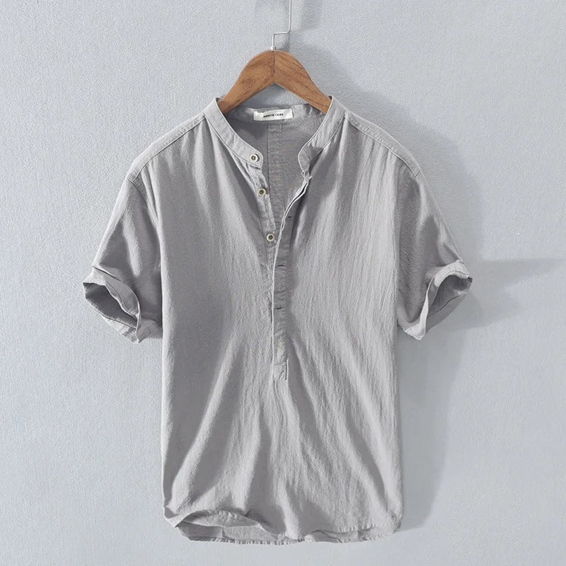 Men's fashion linen blend shirt with a comfortable fit, designed for breathability in warm weather.