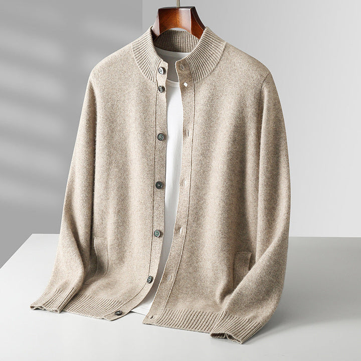 Men's premium merino wool button jacket, classic stand collar, dark gray, front view.