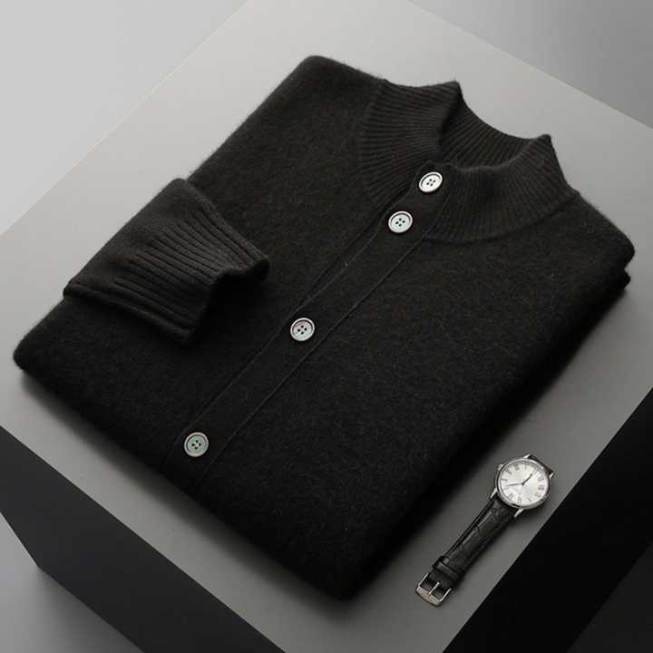Close-up of the merino wool fabric texture on a men's classic button jacket.