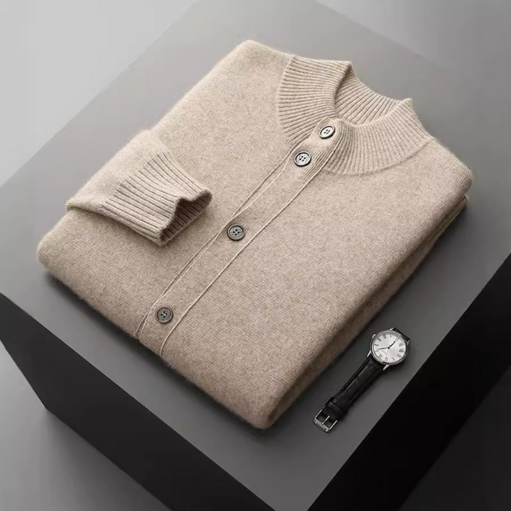 Men's stand collar merino wool jacket, perfect for layering, neutral color.