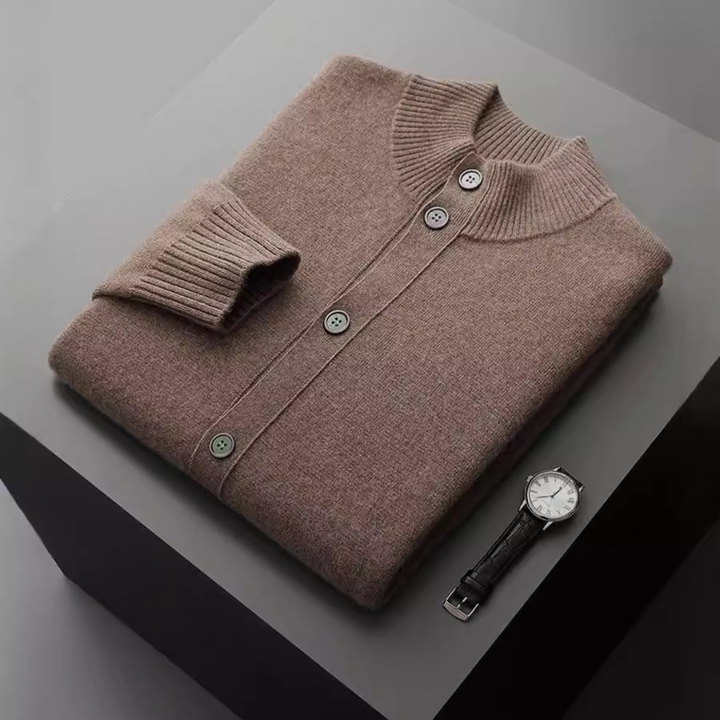 Detailed view of the buttons on a men's classic merino wool jacket.