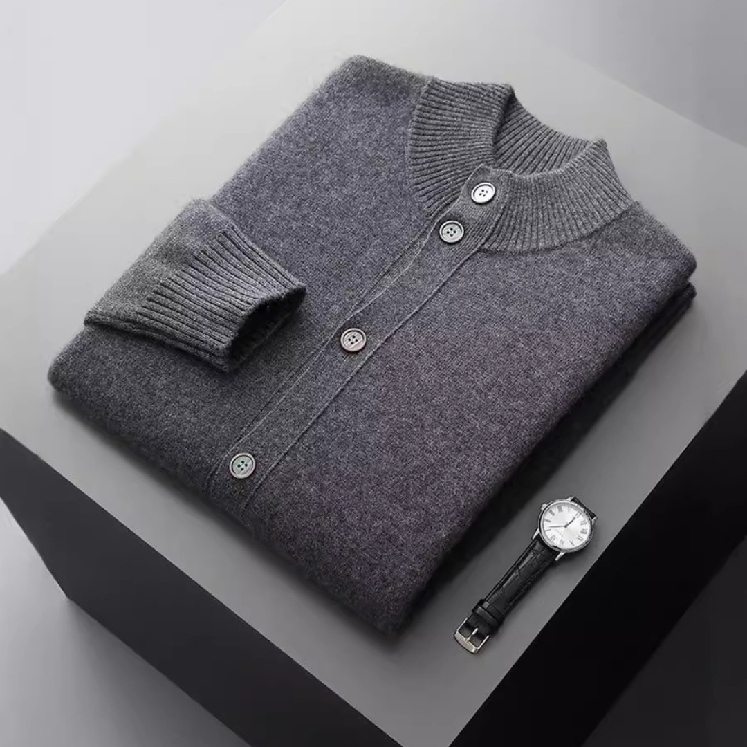 Men's winter wear: Merino wool button jacket with stand collar, black color.