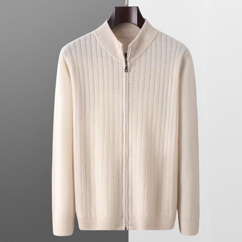 Men's premium merino wool full-zip cardigan with herringbone knit detail, perfect for sophisticated style.