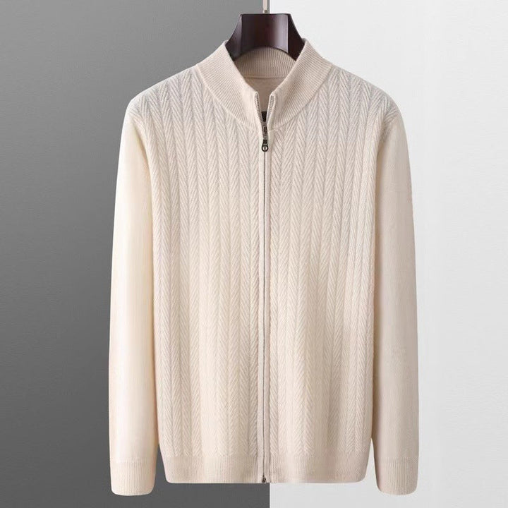 Men's premium merino wool full-zip cardigan with herringbone knit detail, perfect for sophisticated style.