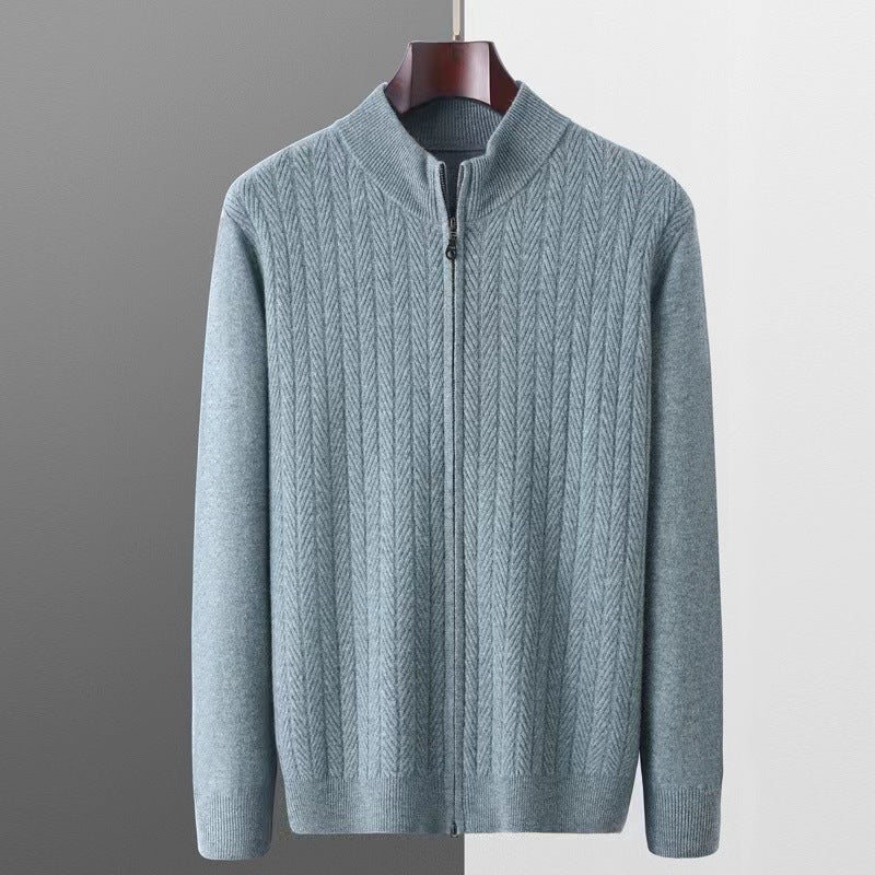 Full-zip merino wool cardigan for men, featuring a classic herringbone pattern and long sleeves.