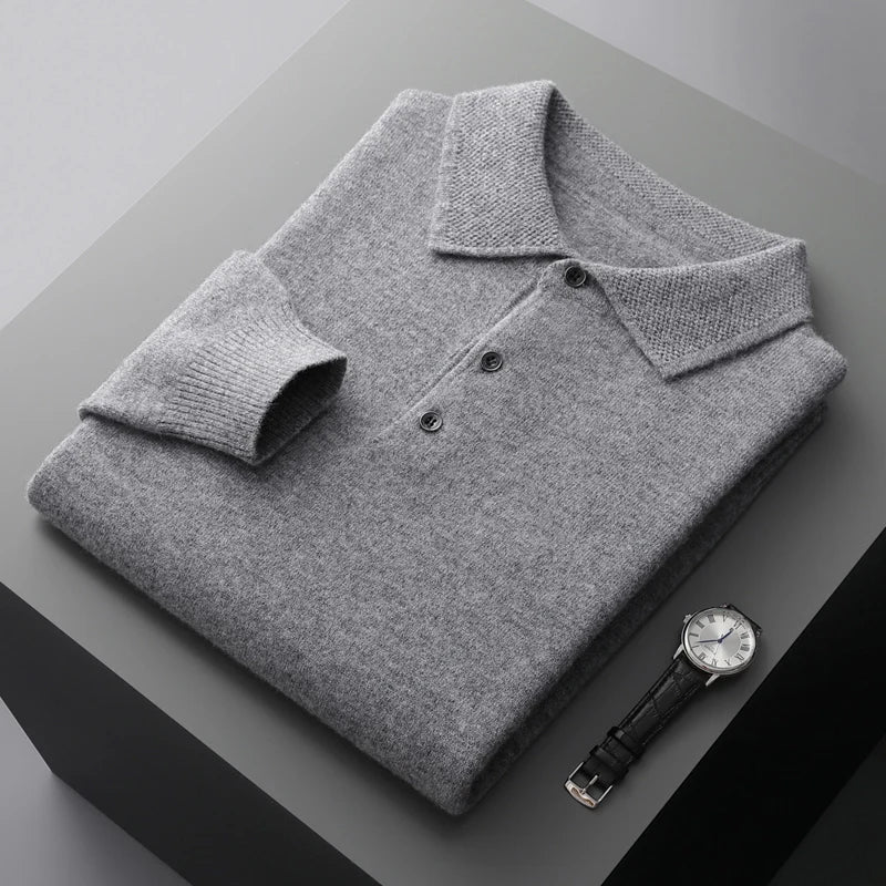 Men's premium merino wool polo shirt in navy, perfect for versatile classic style & casual wear.