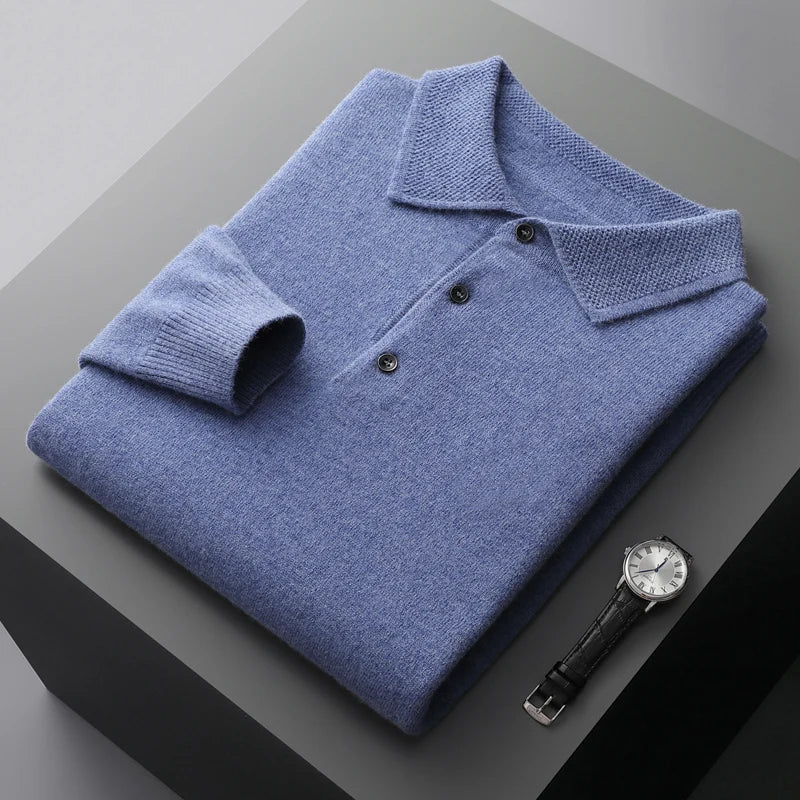 Close-up of the premium merino wool fabric on a men's polo shirt, highlighting its soft texture.