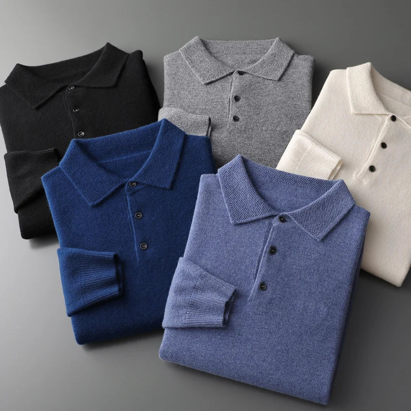 Folded green men's premium merino wool polo shirt, showcasing its high-quality soft knit material.