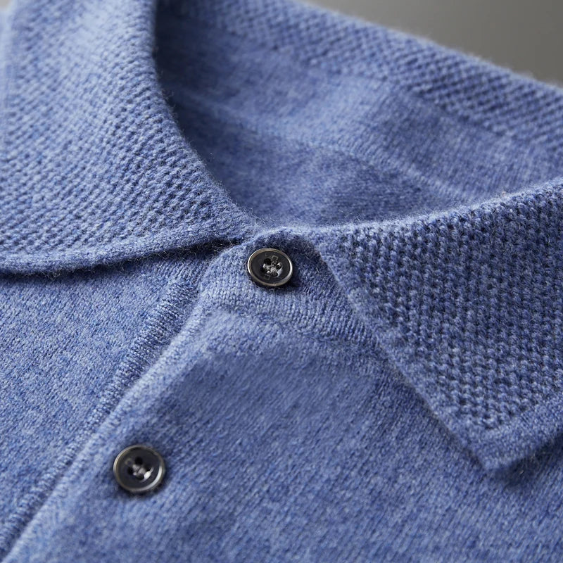 Breathable men's merino wool polo top in a vibrant blue, a versatile addition to any wardrobe.