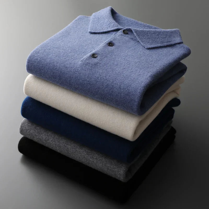 A collection of men's merino wool polo shirts in various colors, emphasizing classic style & comfort.