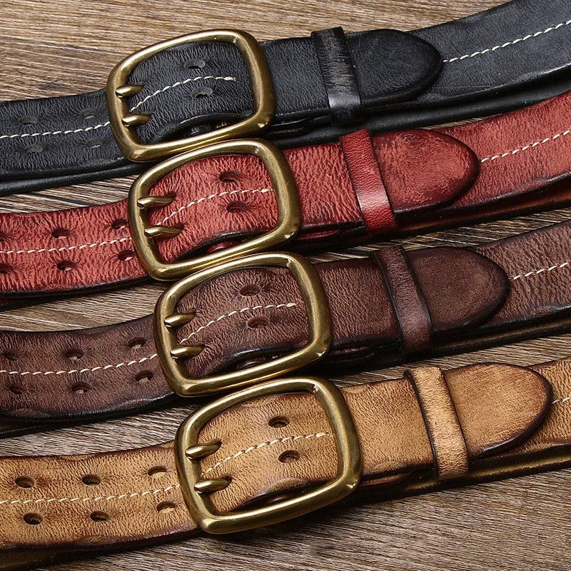 Full-length shot of a men's stylish cowhide leather belt, showcasing its full design and quality