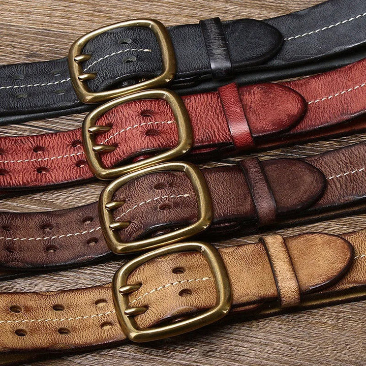 Full-length shot of a men's stylish cowhide leather belt, showcasing its full design and quality