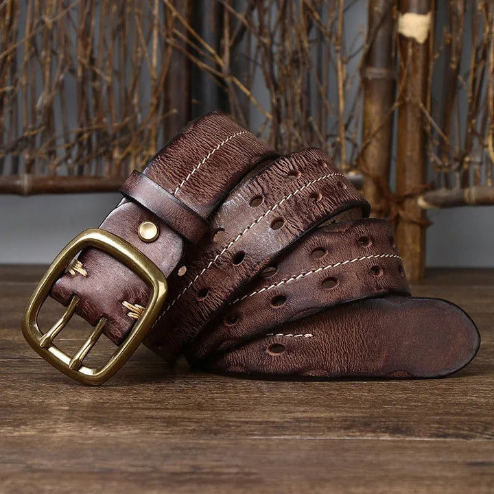 View of a men's casual cowhide leather belt, perfect for everyday wear and work attire