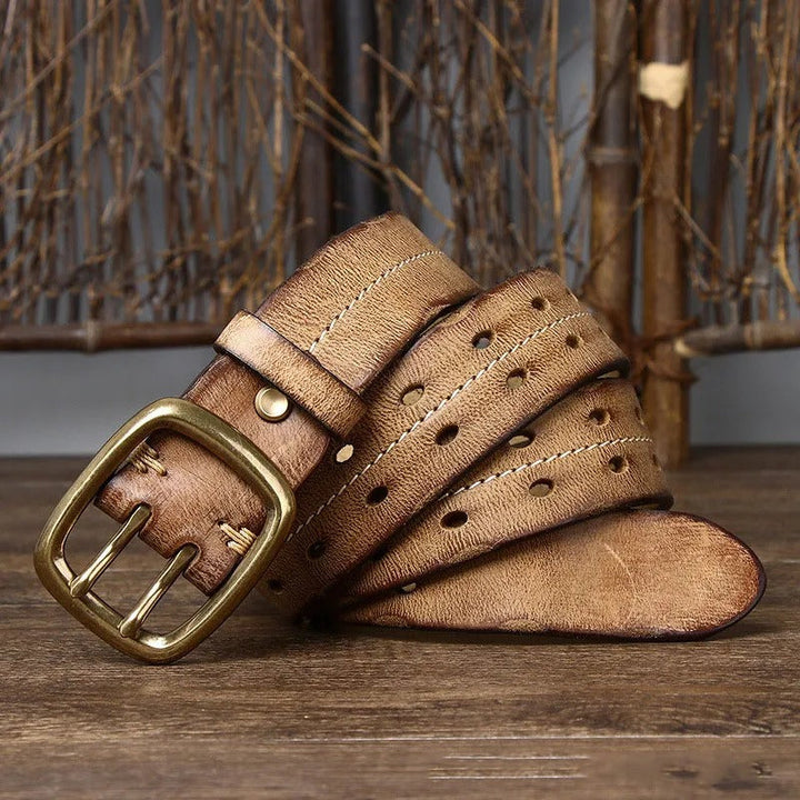 Brown pebbled cowhide leather belt for men, featuring a sturdy brass buckle and classic design