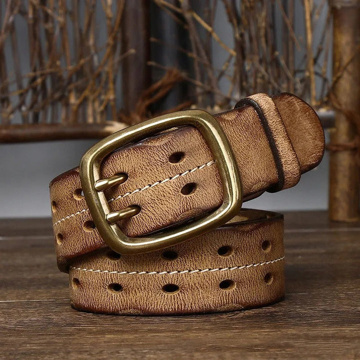 Detail shot of the tough stitching on a men's premium cowhide leather belt, built to last