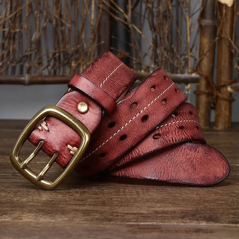 Premium quality men's leather belt, made from genuine cowhide with an antique brass buckle