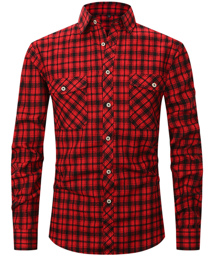 Men's premium plaid flannel shirt, red and black, long sleeve, button-down, casual fall fashion.