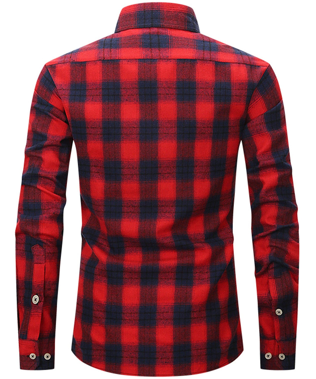 Detail of the button closure and collar on a men's premium plaid flannel shirt, quality apparel.