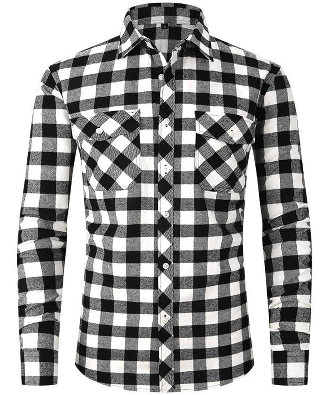 Close-up of a men's premium navy and green plaid flannel shirt, showcasing fabric texture.