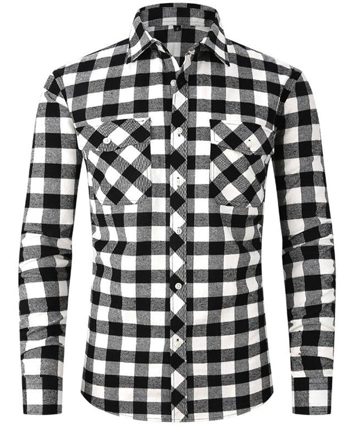 Close-up of a men's premium navy and green plaid flannel shirt, showcasing fabric texture.