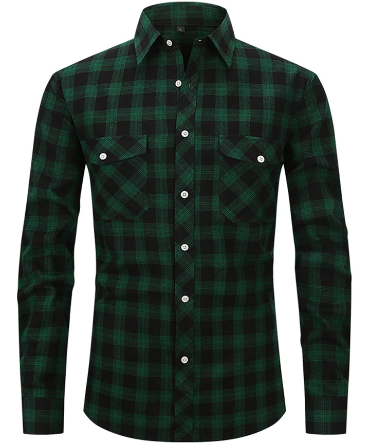Model wearing a stylish men's plaid flannel shirt, perfect for fall casual fashion.