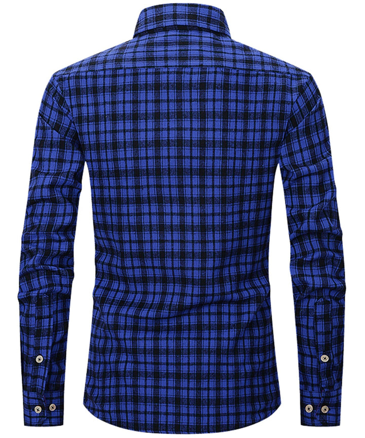 Classic men's button-down plaid flannel shirt, durable cotton blend, smart casual apparel.