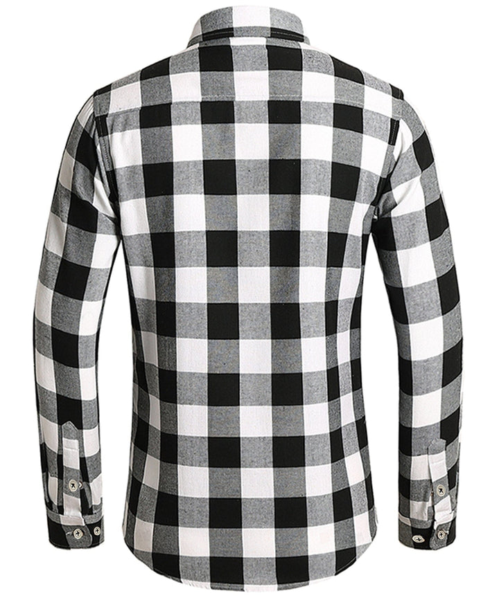 Back view of a men's relaxed fit plaid flannel shirt, featuring a comfortable design.