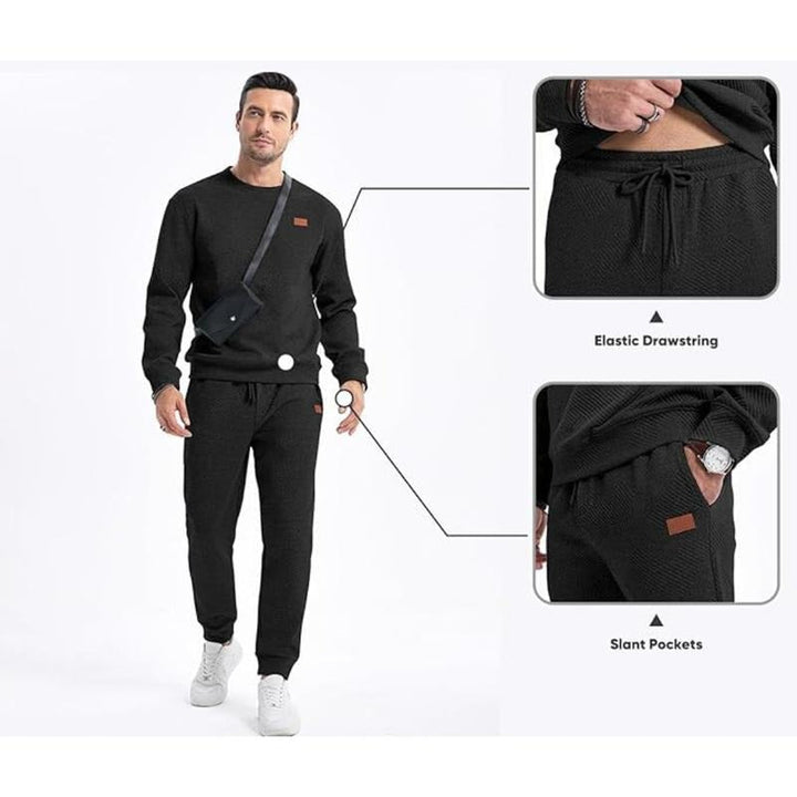 Full view of men's premium textured cotton lounge set, highlighting its comfortable, relaxed fit design.