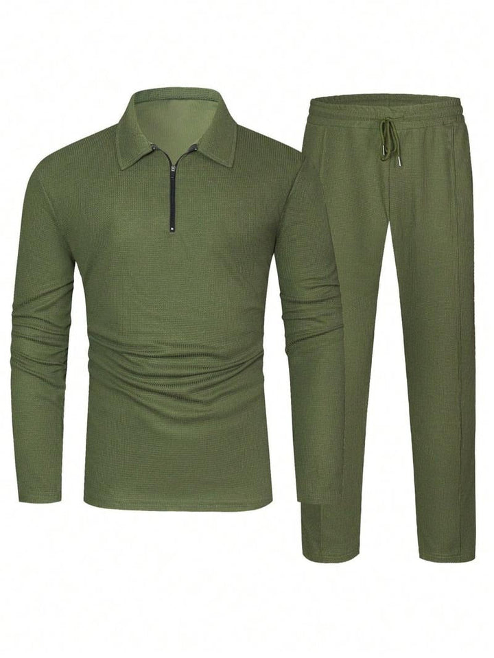 Men's premium textured zip lounge set in cotton blend, showcasing the knit fabric and zip neck detail.