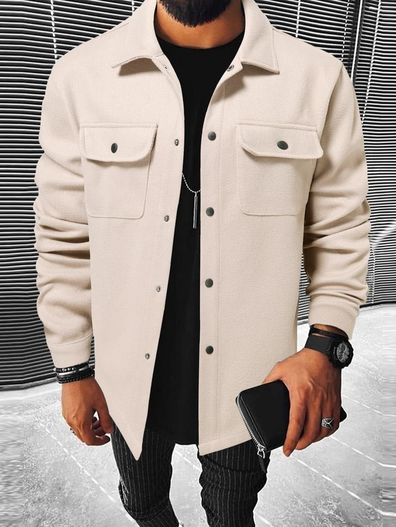 Close-up of men's wool blend overshirt jacket, showing snap closure details and fabric texture, winter coat