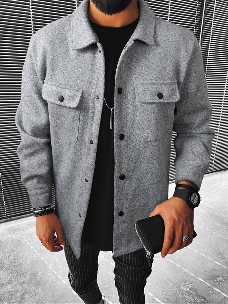 Man wearing a casual men's wool blend overshirt jacket, styled over a t-shirt, ideal for fall outerwear