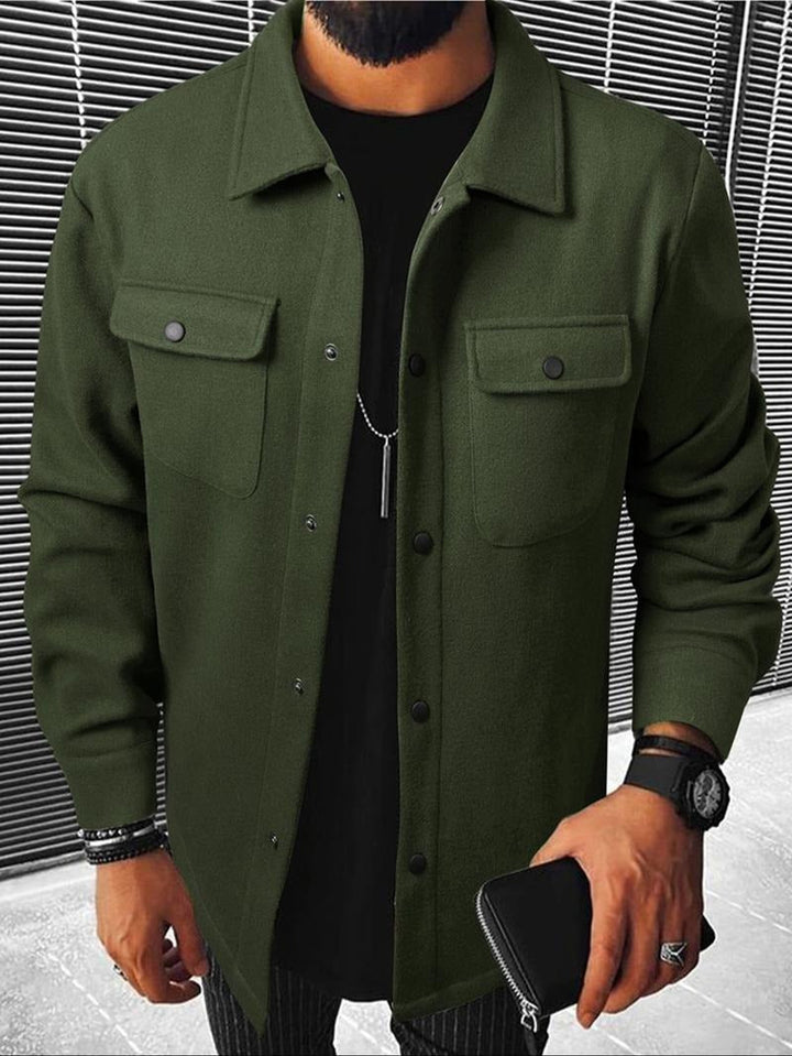 Three-quarter view of a men's premium wool blend overshirt, perfect smart casual jacket for layered clothing