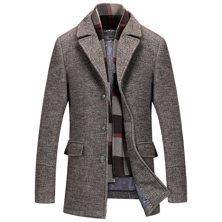 Men's premium wool coat with a detachable scarf, dark gray, front view, tailored fit for winter fashion