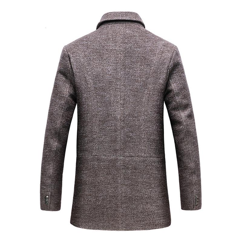 Close-up of the textured wool fabric of a men's winter coat, showing fine detail and quality