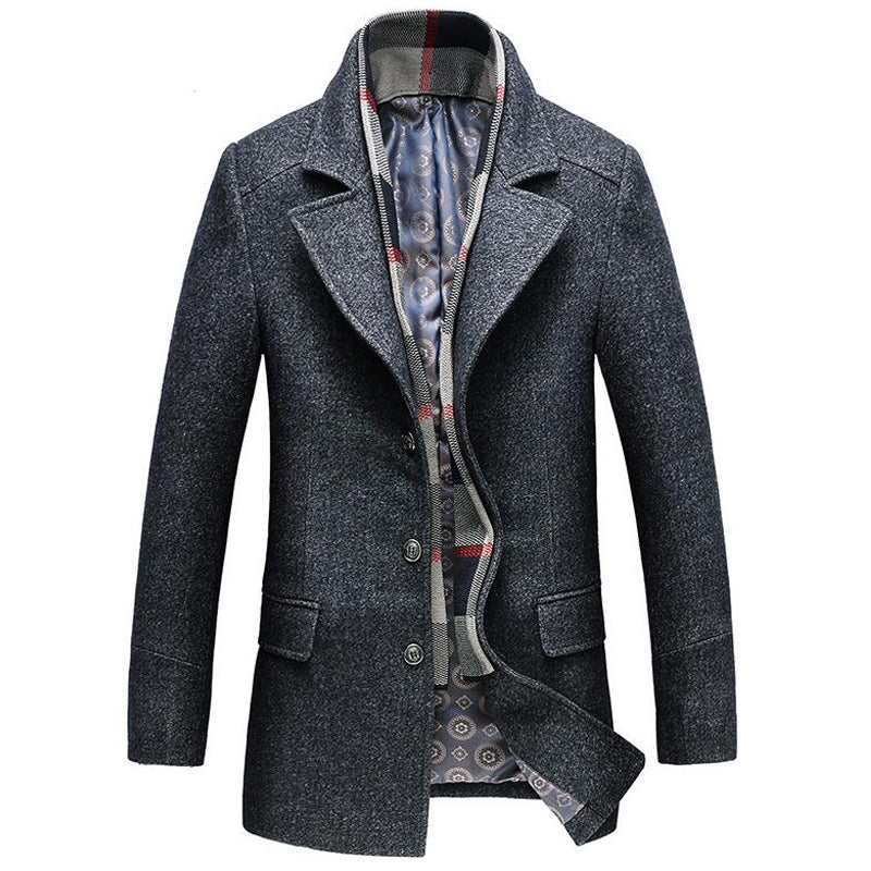 Men's outerwear: a premium wool coat laid flat, displaying its full design and rich color