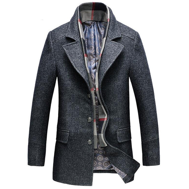 Men's outerwear: a premium wool coat laid flat, displaying its full design and rich color