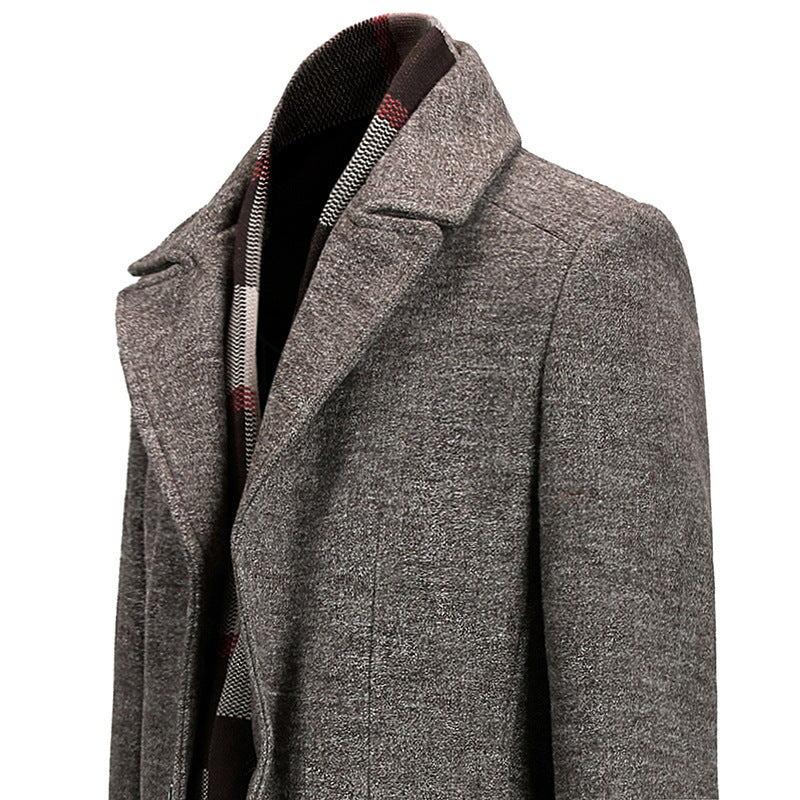 Detail shot of the buttons and pockets on a men's winter coat, emphasizing quality and function