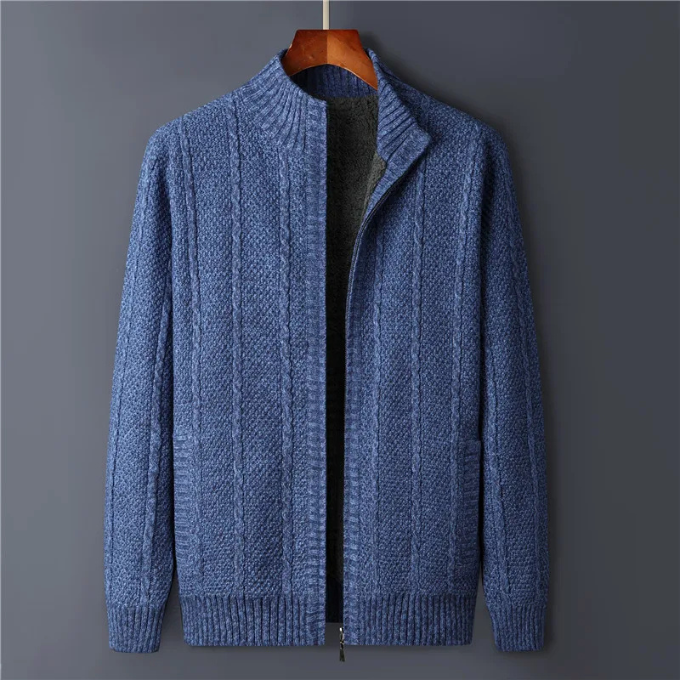 Close-up of premium wool texture on a men's zip-up jacket. High-quality winter outerwear.